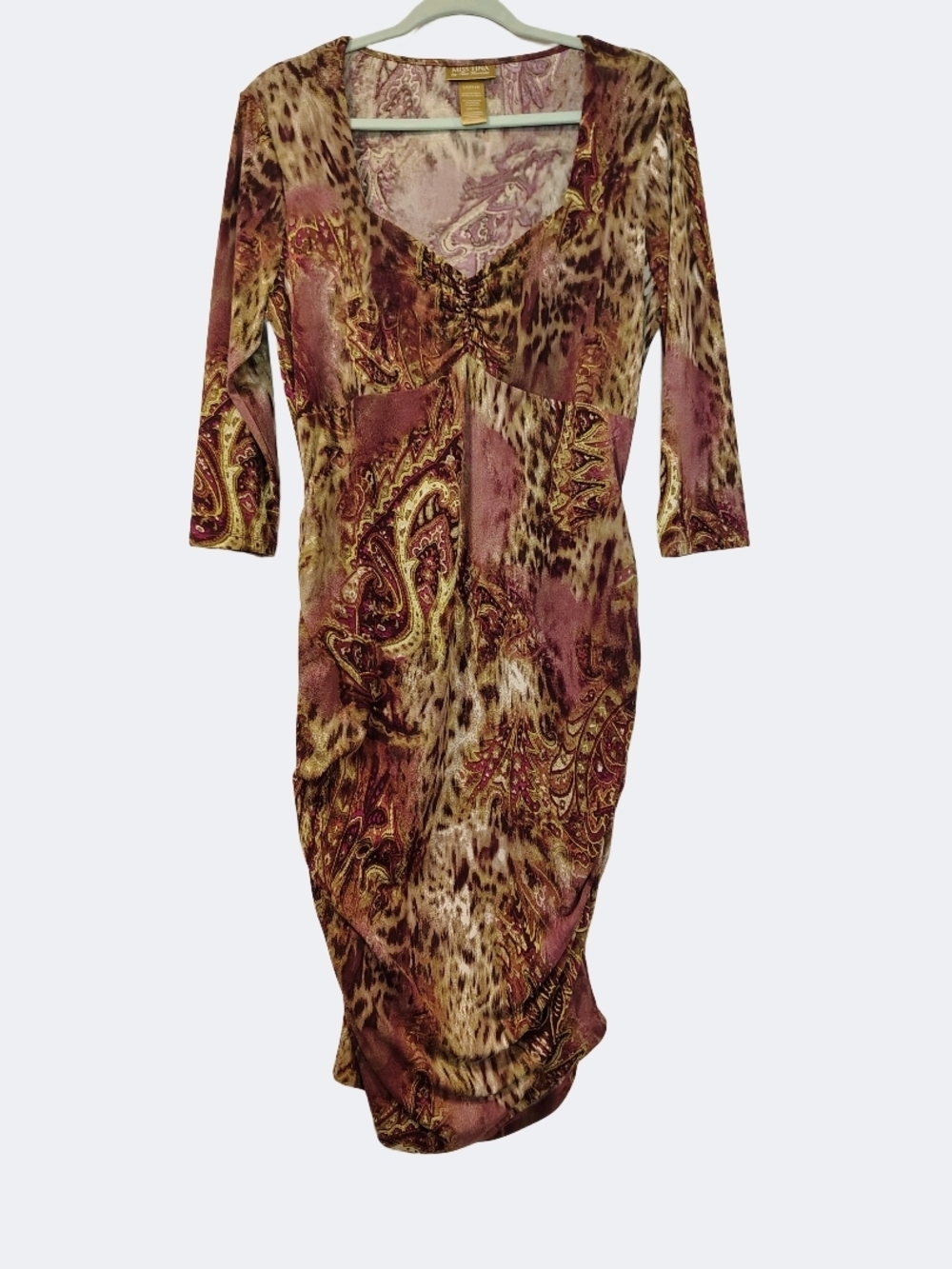 Miss Tina Babydoll Sheath Dress Mauve Paisley Animal-Print Long Sleeve Rouched